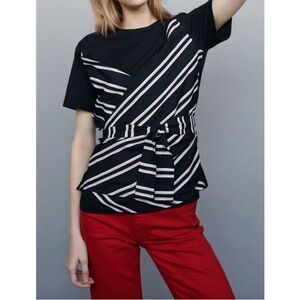Maje Tharia Mixed Media Top Blouse Black Striped Short Sleeve Wrap Tie